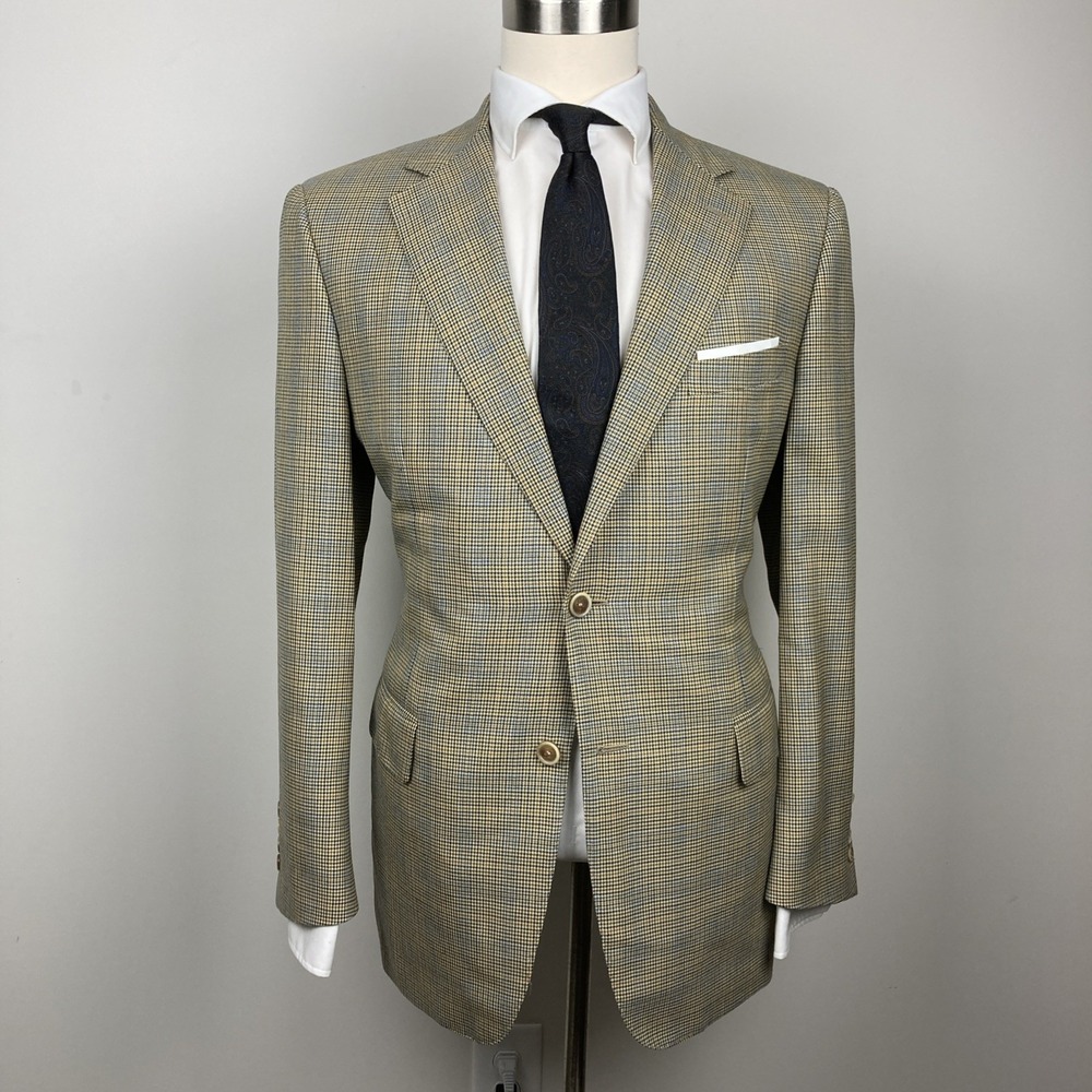 Samuelsohn Men's Sport Coat Blazer 41R Tan Cream‎ Plaid Wool  2-Button Jacket